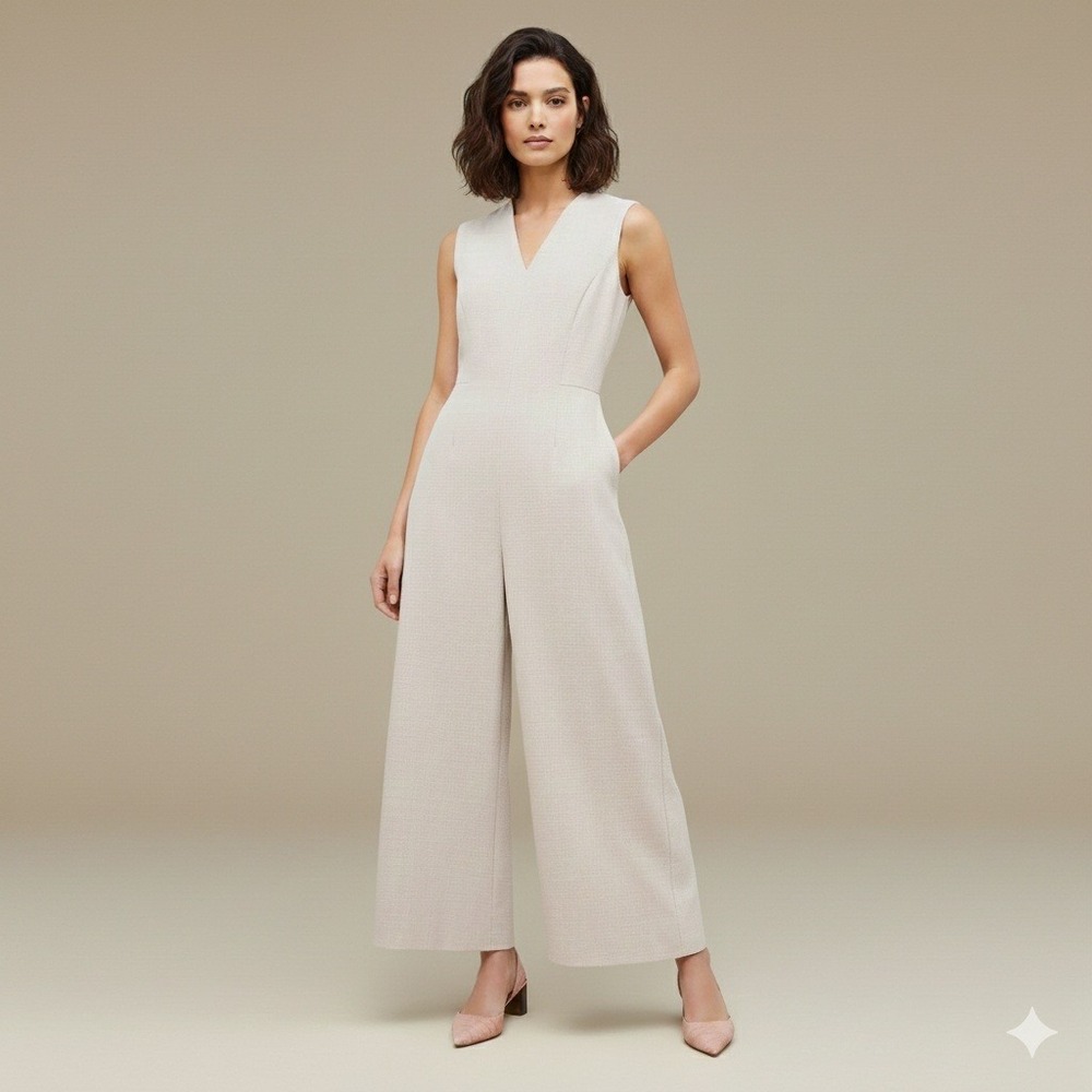 MM LaFleur Womens Jumpsuit Beige V Neck Wide‎ Leg Sleeveless Size 0P